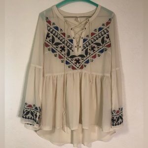 Roper XS Embroidered Sheer Blouse Lace Up Neckline
